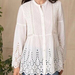 SUNDANCE Off-White Cotton Eyelet Blouse Med Pintucks Lace Bell Sleeves Victorian